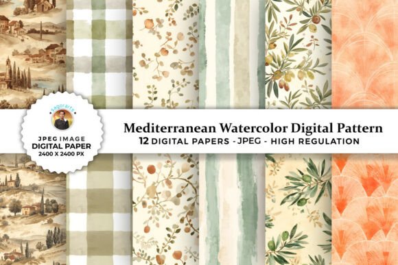 Mediterranean Watercolor Digital Pattern Collection